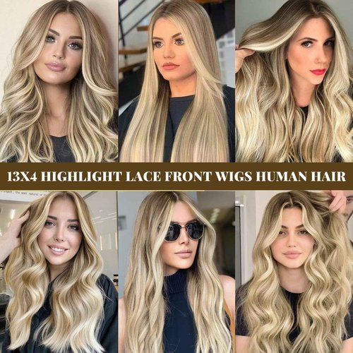 Belaved Lace Front Wigs Human Hair Highlight 13x4 Straight HD Transparent Real Human Hair Wig 150% Density Ombre Ash Brown to Blonde Glueless Lace Frontal for Women Pre Plucked 16 Inch
