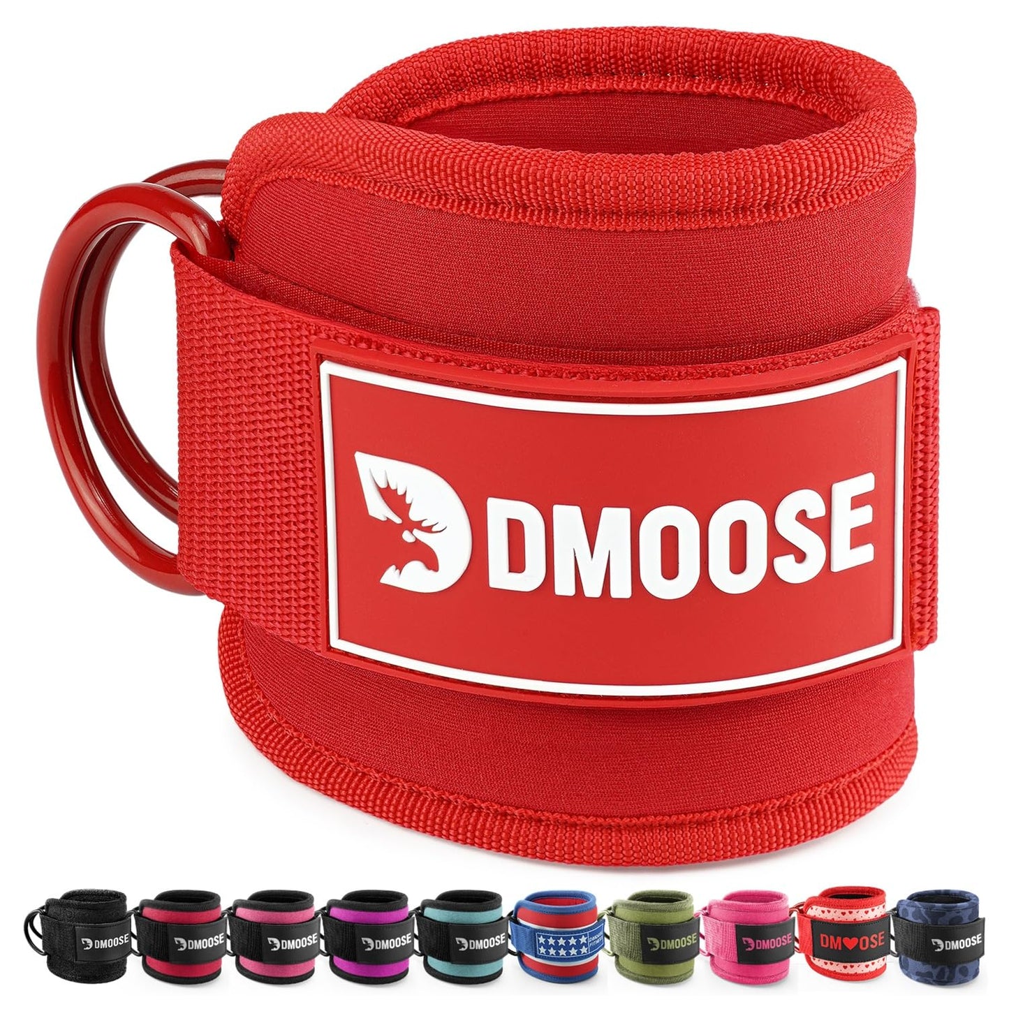 DMoose Fitness Ankle Straps for Cable Machines - One Size Fit Premium Padding, Glute Kickback Ankle Strap for Women & Men, Cable Attachments for Gym, Booty Workouts & Hip Abductors (All Red - Single)