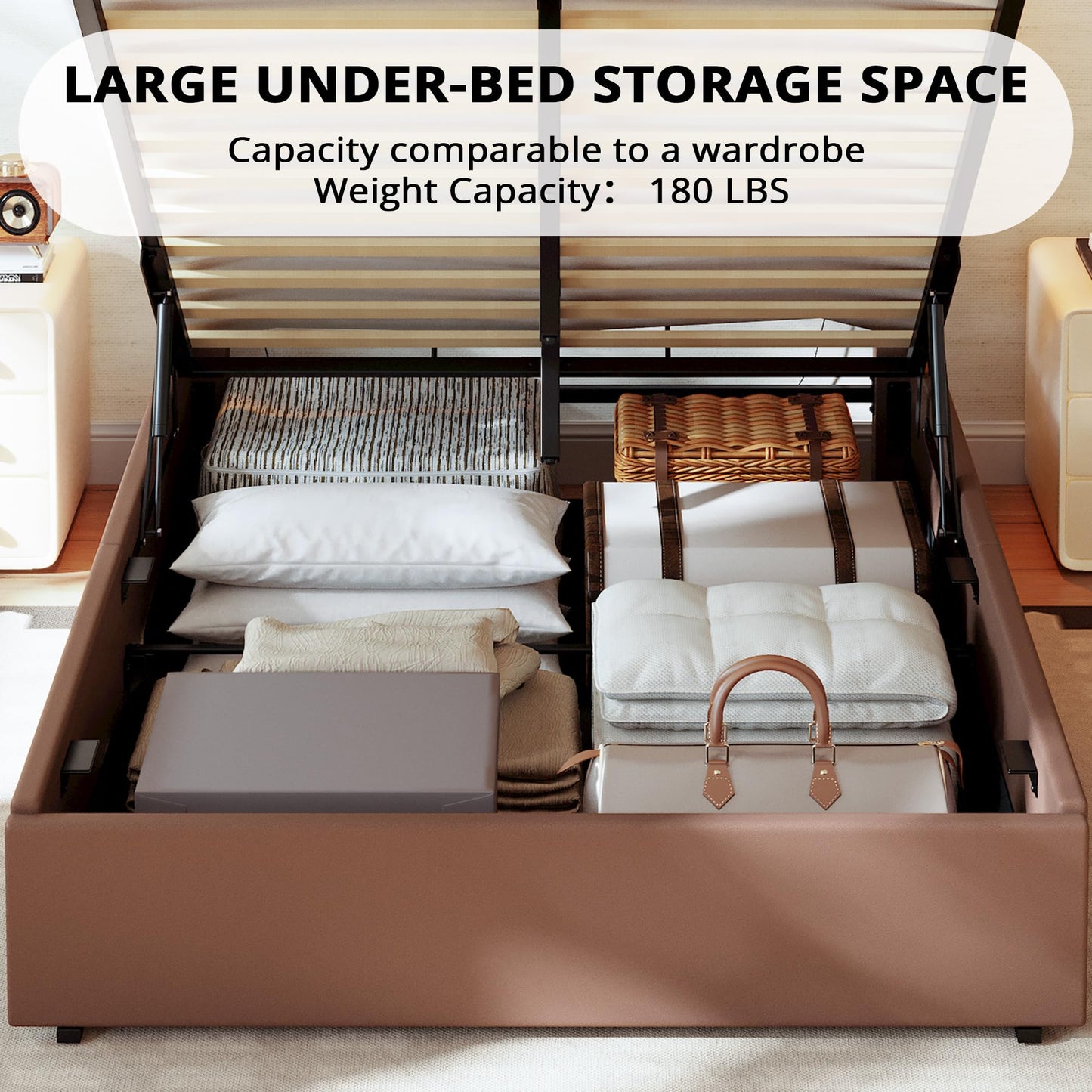 LIKIMIO Twin Bed Frame with Lift Up Storage, Modern Platform Bed with Upholstered Headboard & Light, Sturdy and Noiseless, Easy Assembly, Faux Leather