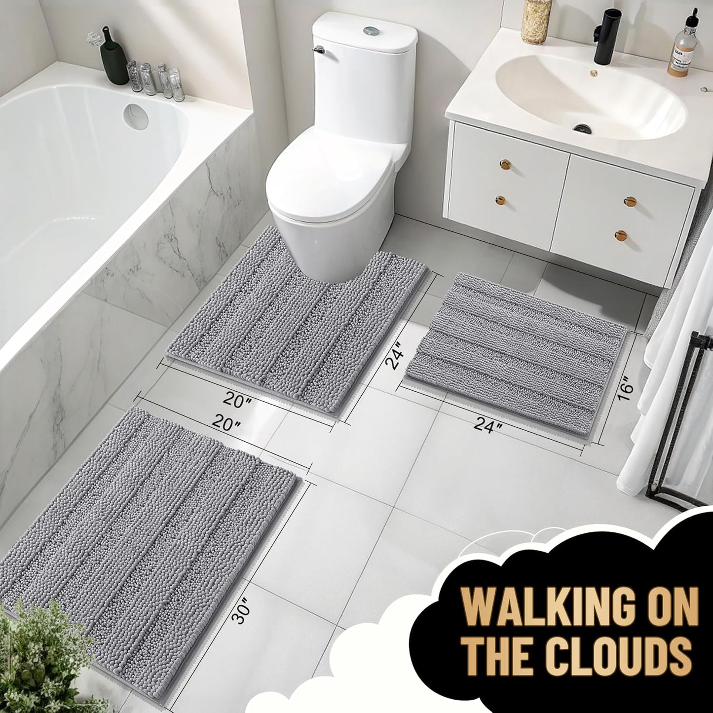 OLANLY Thick Bathroom Rugs 47x17, Extra Soft Absorbent Chenille Striped Bath Rugs, Rubber Backing, Machine Wash Dry, Bath Mats for Bathroom Floor, Tub and Shower, Home Decor Accessories, Grey