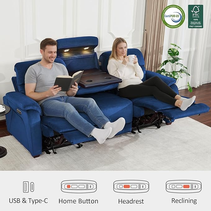 MCombo 87.2'' Wall Hugger Power Recliner Sofa with Drop Down Table, Reclining Sofa with Adjustable Headrest, USB Charge Ports, Reading Lamp, for Living Room, RVs, Fabric, ST258M3 (3-Seater, Navy Blue) | Zero Wall Hugger