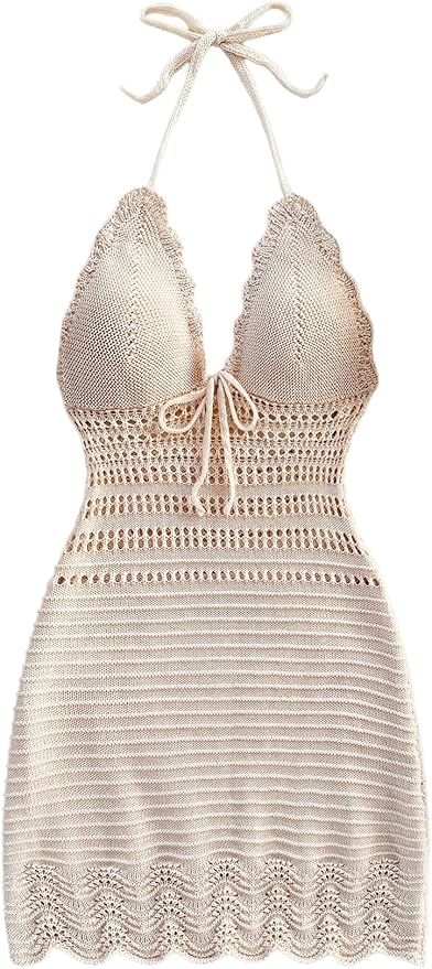 GORGLITTER Women's Crochet Halter Mini Dress Sundress Bow Tie Backless Bodycon Knit Dresses Summer Vacation Beach Outfits