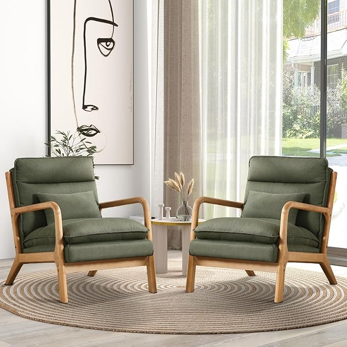 IOMOR Mid Century Modern Accent Chair Set of 2, Upholstered Lounge Armchair with Plump Back Pillow, Comfy Reading Chair with Solid Wood Frame for Bedroom Living Room, Green