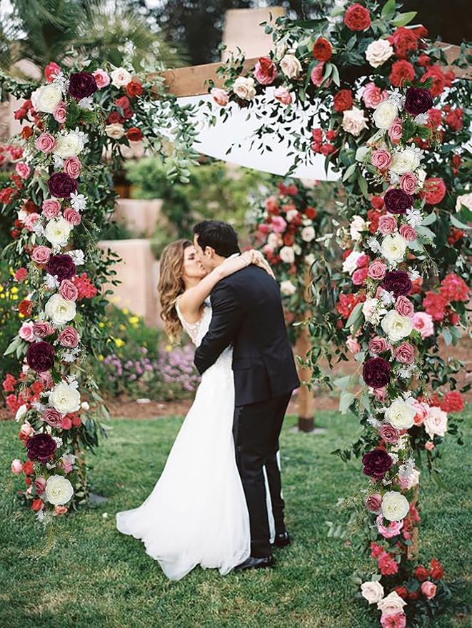 2 Pack Artificial Peony Garland - 6ft Silk Flower Vine Purple and White Roses for Wedding Arch Party Table Decor