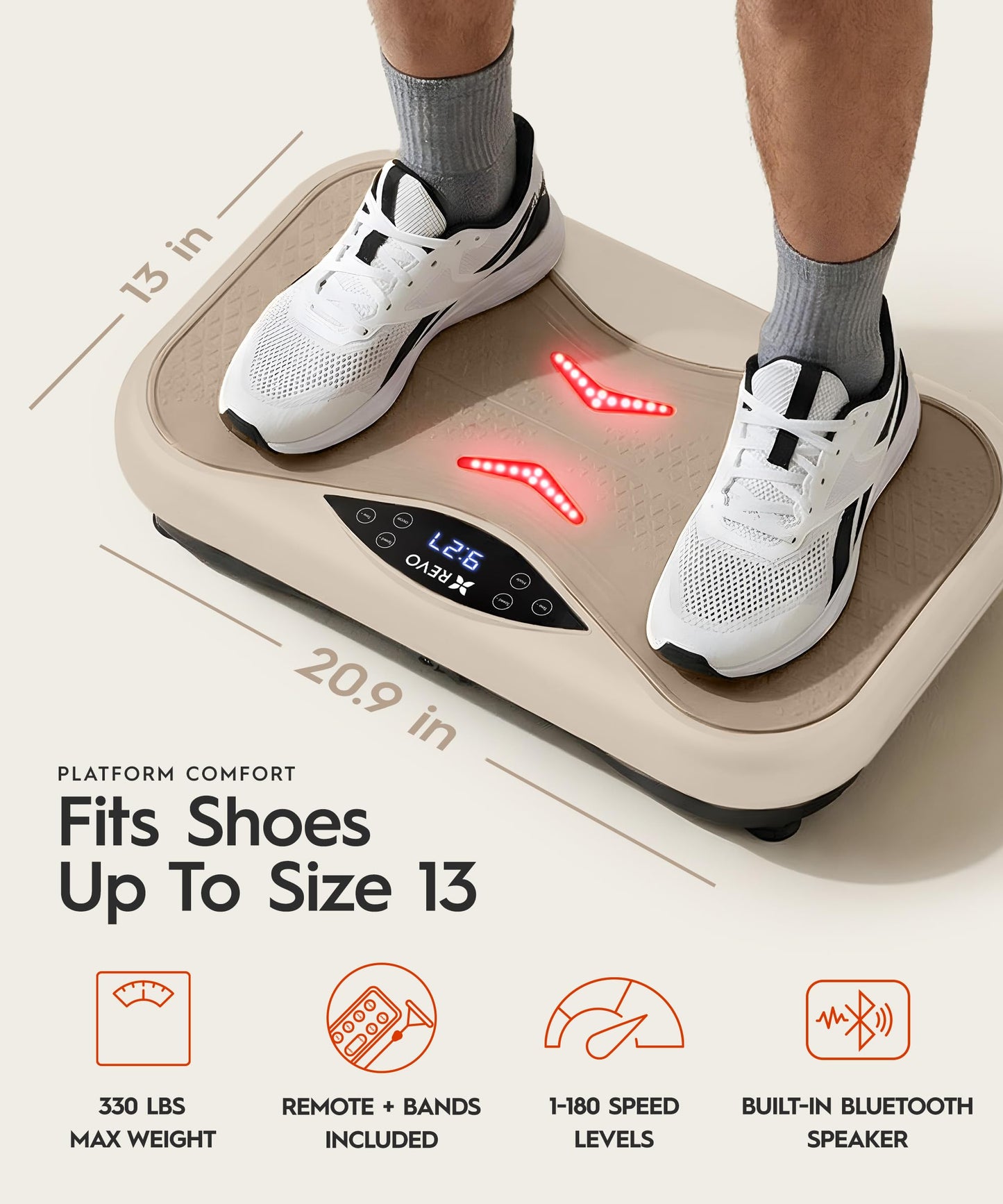 REVO Wave Board with Red Light Therapy | Vibration Plate for Lymphatic Drainage with Bluetooth Speakers, Resistance Bands, Remote | Exercise Machine for Full Body Workout Platform | 330 Lbs Capacity