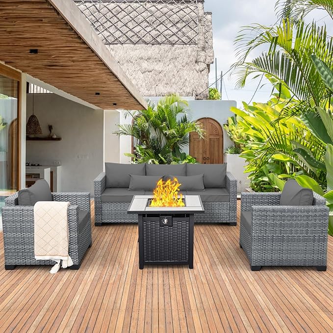 4 Piece Wicker Patio Furniture Sets Outdoor Conversation Set PE Rattan Sectional Sofa Couch with Fire Pit Table and Grey Cushions