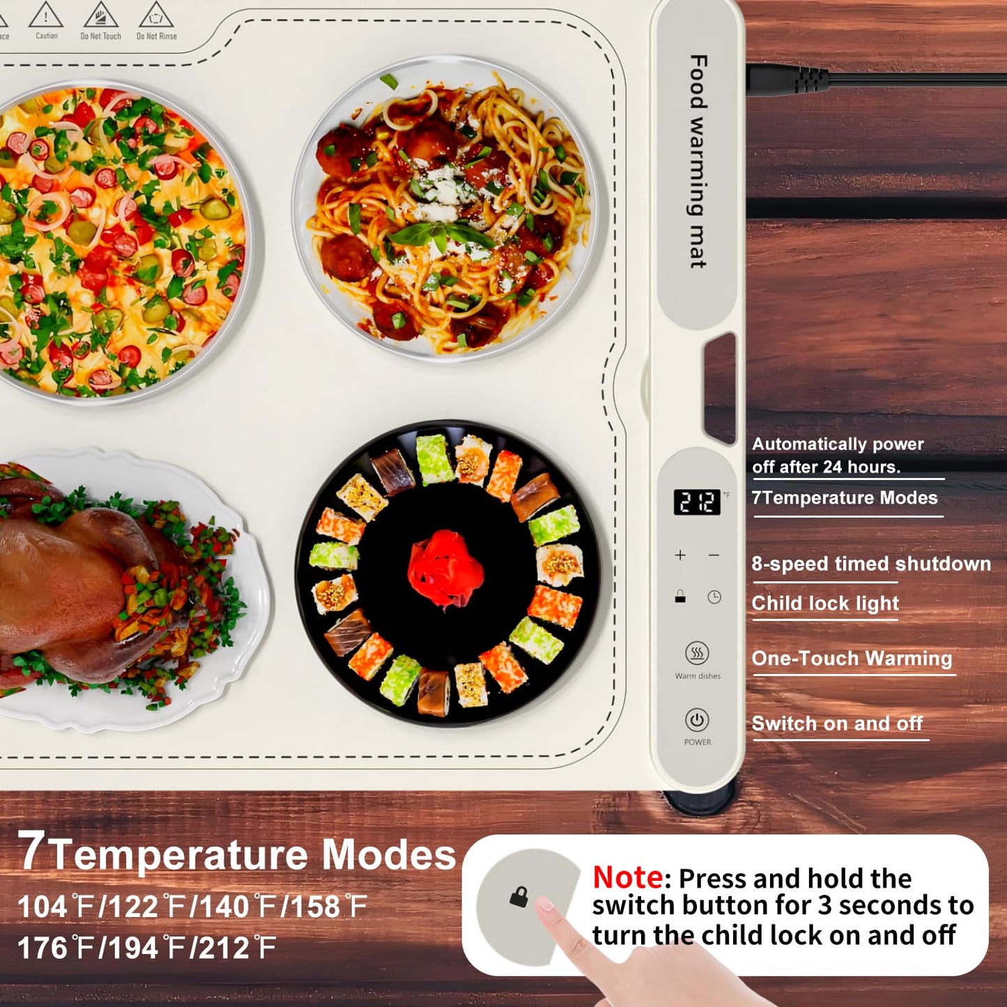 Electric Warming Tray&Food Warming MatFast Full Surface Electric Warming Tray with 7 Temp-Settings & 8H Timer, Portable Roll Up Food Warmer for Gatherings Parties Buffet -Oversized (Beige, 32''X15'')