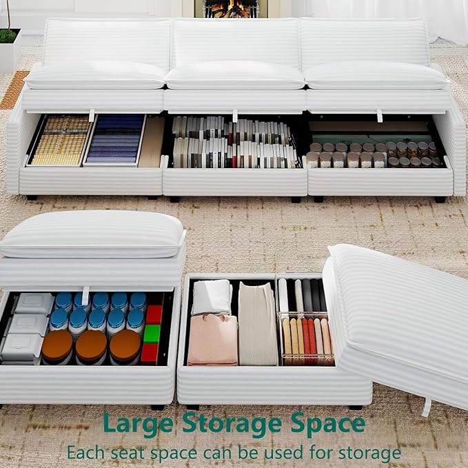 OhaiAura Modular Sectional U Shaped Sofa Couches with Storage Ottoman, Cloud Couch for Living Room, Comfy Sofa with Pillow, White