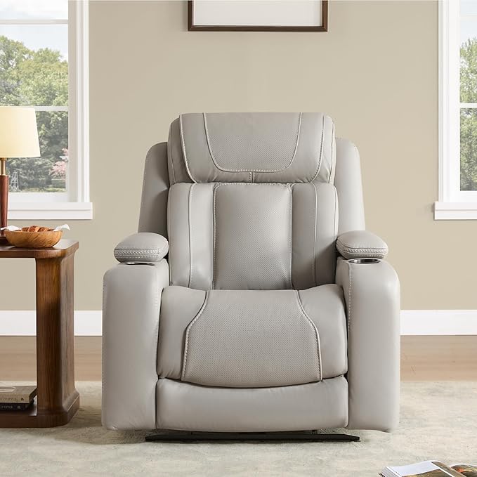 Watson & Whitely Super Zero Gravity Recliner Chair, Oversized Genuine Leather Electric Recliner W Power Adjustable Headrest & Lumbar Support Hidden Storage for Living Room, Light Grey
