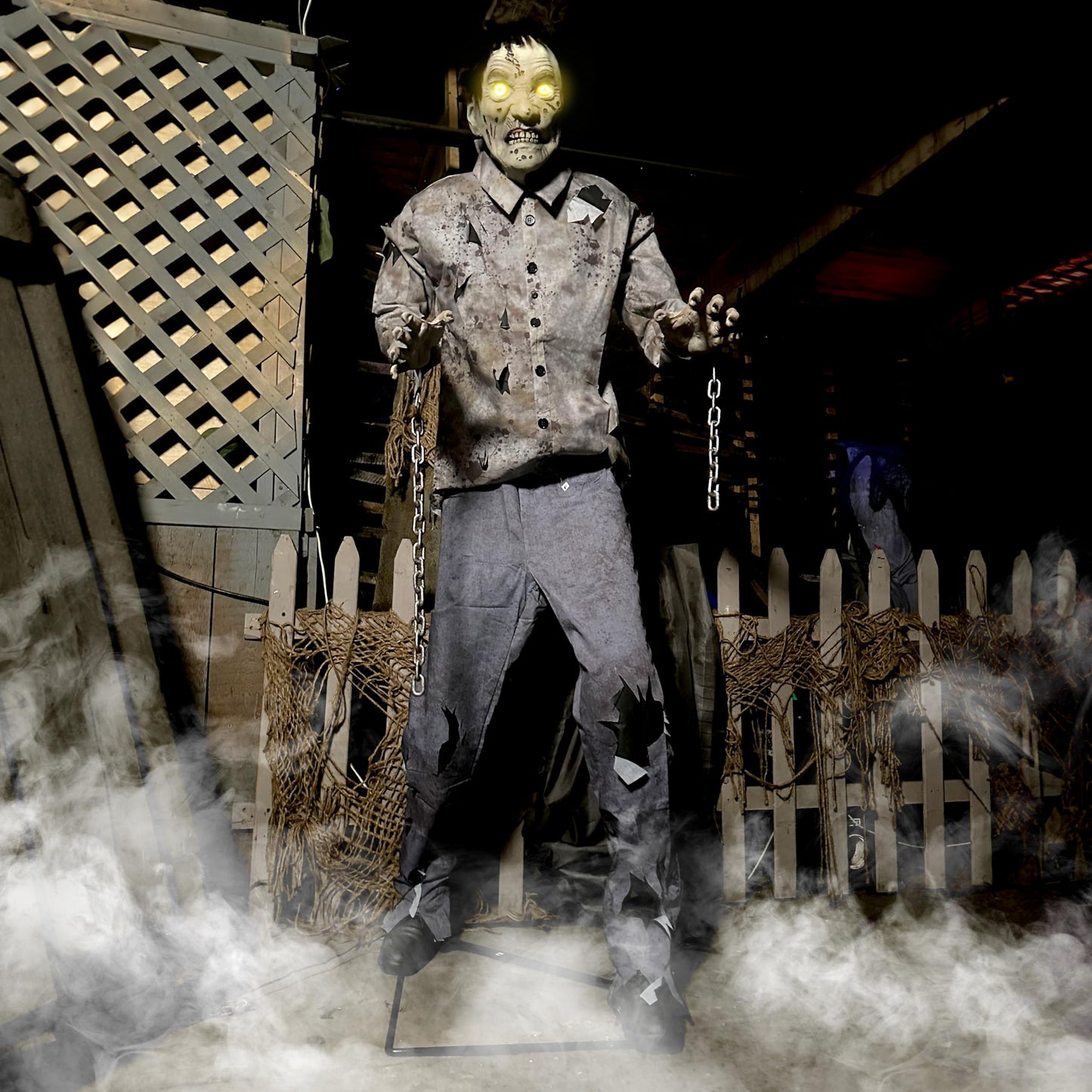 Haunted Hill Farm Motion-Activated 6-Ft. Tall Guard Zombie, Plug-in Scare Prop Animatronic with Spooky Sound Effects and Lights for Indoor or Covered Outdoor Creepy Halloween Decoration