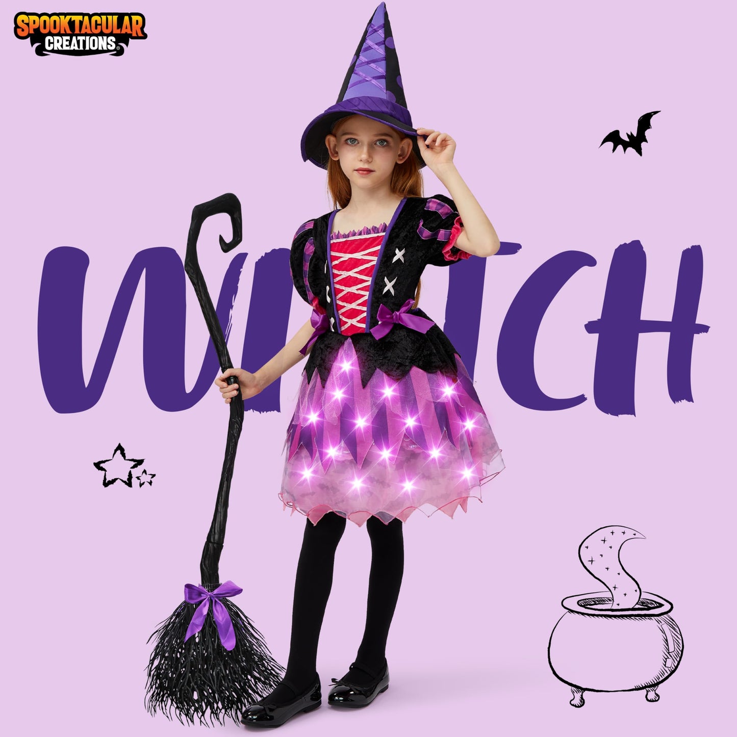 Spooktacular Creations Halloween Child Girls Light Up Pink Witch Costume, Toddlers Tattered Witch Tutu Dress with Broom and Hat for Kids Halloween Themed Parties (Small (5-7yr))