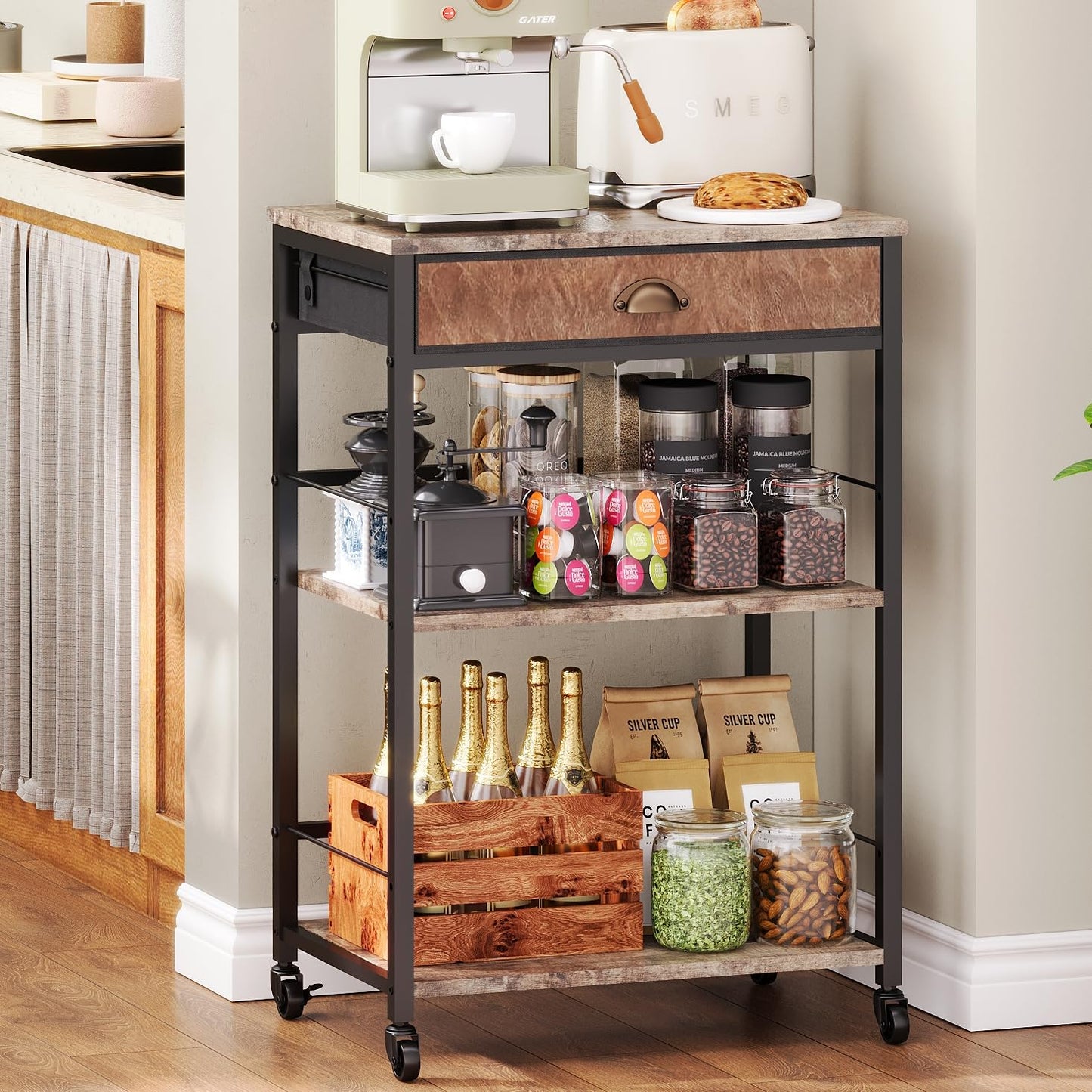 X-cosrack Coffee Bar Cart with Storage, 3-Tier Coffee Table with Drawer for Home Buffets & Sideboards,Coffee Station Corner Table with Rolling Wheels for Kichen, Entryway, Living Room-Patent