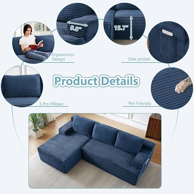 96" Cloud Sectional Couch with L-Shape Chaise, Modern Corduroy Boneless Couch for Living Room,Memory Foam Sofa with Deep Seat,No Assembly Required (Blue,Left-Facing Chaise)