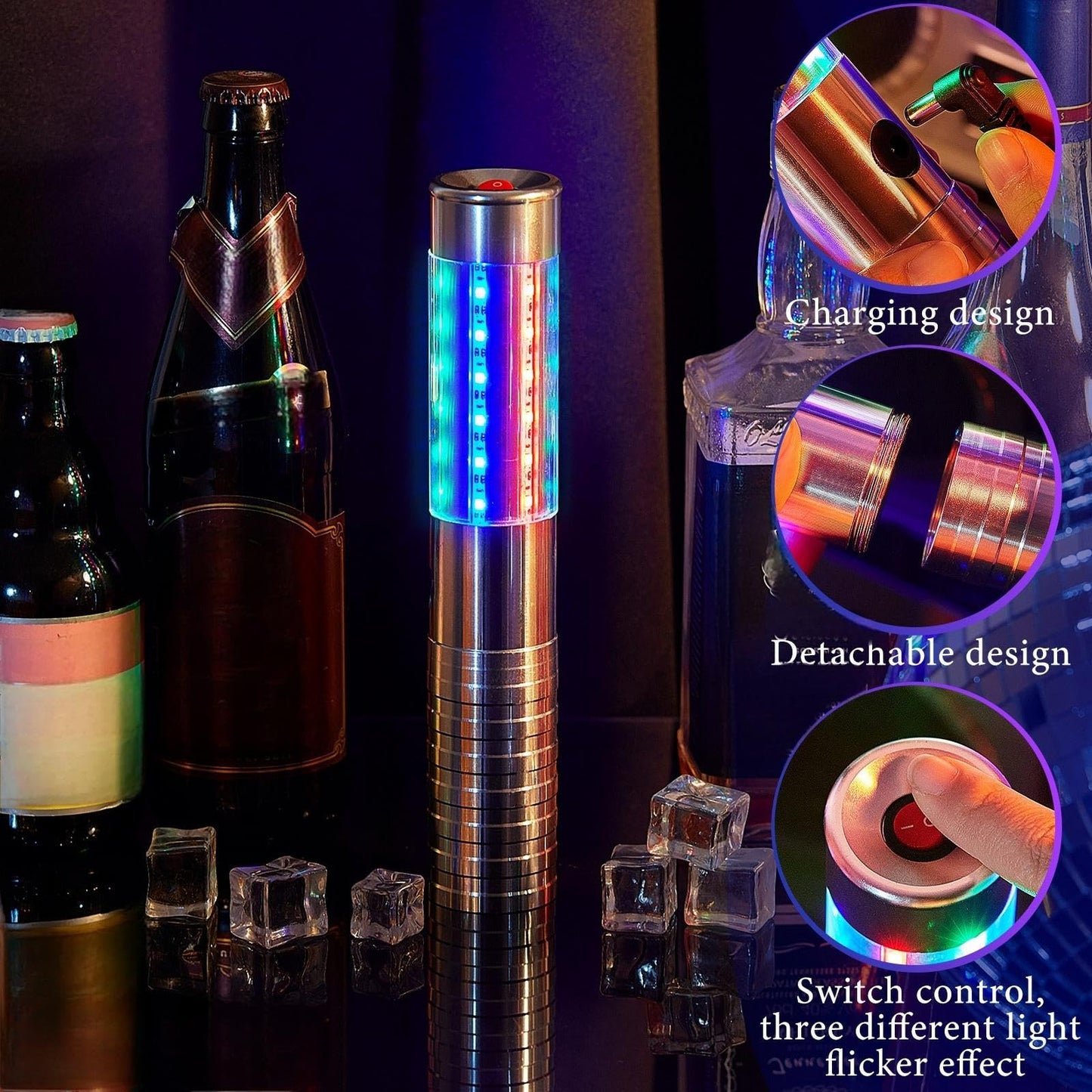 Civaner Upgrade 4 Pcs Bottle Service Lights LED Strobe Baton Bottle Girl Lights Rechargeable Handheld Flashing Club Signs for Birthday Wedding Party(Silver Colorful Light)