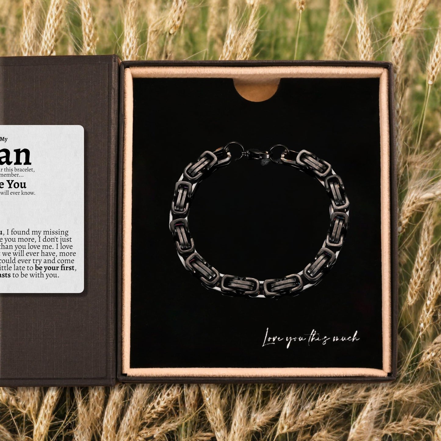 Love You This Much To My Man Cuban Link Bracelet for Him, Romantic Birthday Gifts for Him, Jewelry for Him, Best Gifts for Husband from Wife (Black-Black, Stainless Steel)