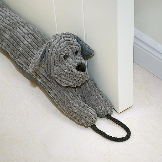Marwood Under Door Draft Stopper Decorative Wind Stopper 38 inch for Door & Window, Weighted Animal Air Draft Stopper Snake Noise Blocker for Bottom of Door with Hanging Loops -Grey Dog