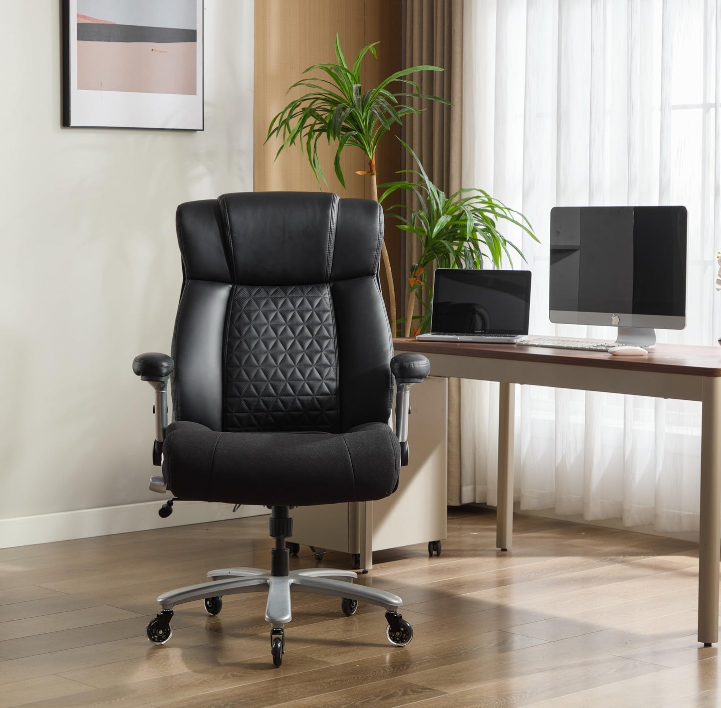 600lbs Big and Tall Office Chair with Flip Arms, Wide Plus Size Chair with Adjustable Lumbar Support for Heavy People, Ergonomic Chair with Breathable Leather, Quiet Rubber Wheels, Black