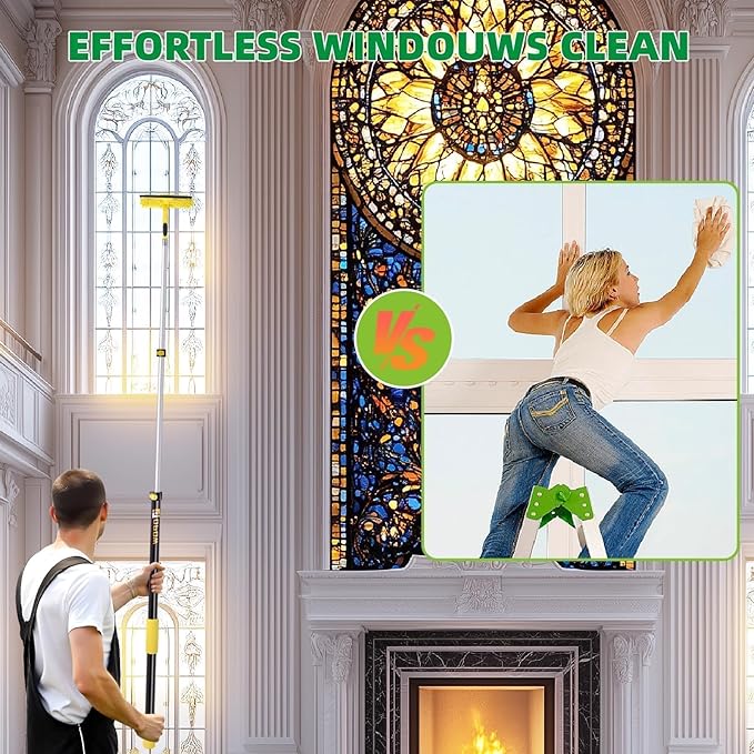 150'' Long Reach Window Squeegee with Telescoping Extension Pole, 2-in-1 Indoor/Outdoor Cleaning Tool with 270° Rotatable Head, Lightweight Alloy Aluminum Pole for Shower Door, Mirror, Car Windshield