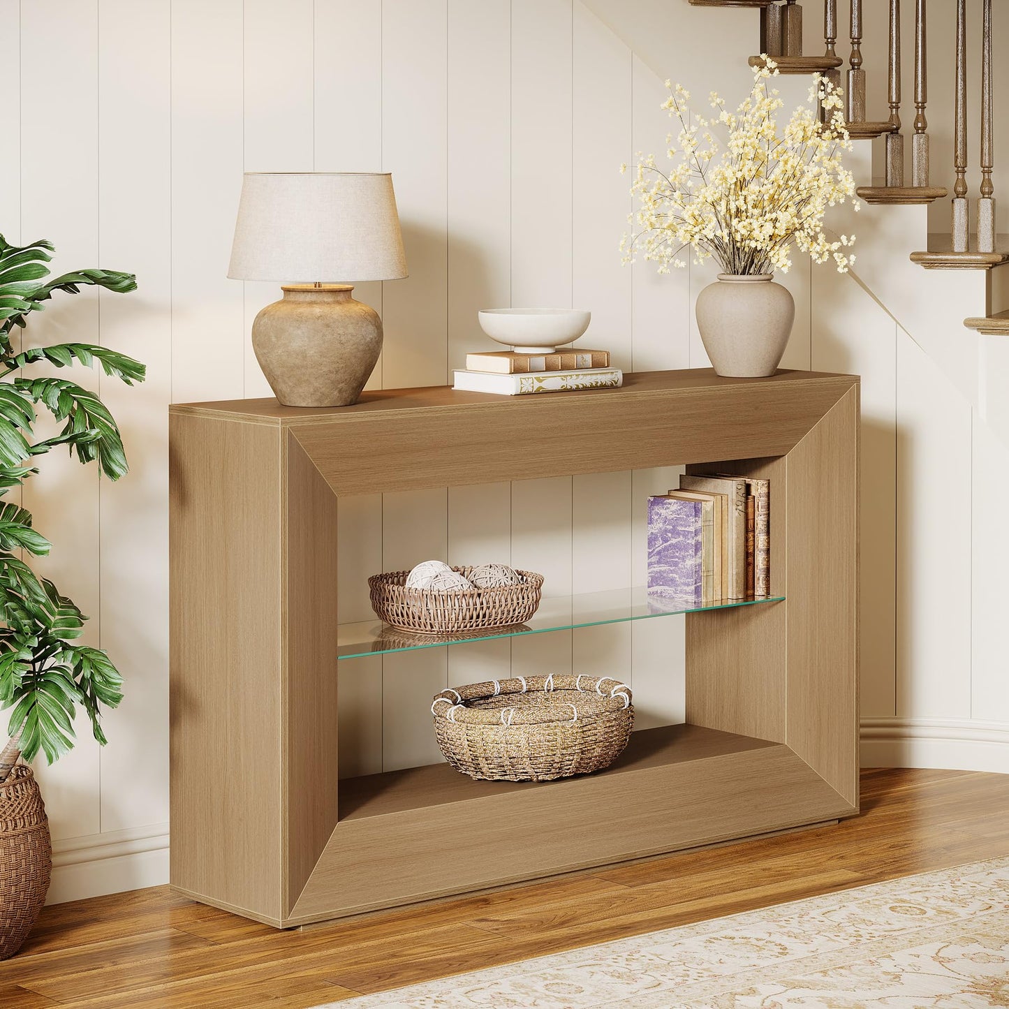Tribesigns 55-Inch Sofa Table, 3-Tier Farmhouse Console Table with Glass Storage Shelf for Living Room, Entryway, Couch, Hallway, Foyer, Oak