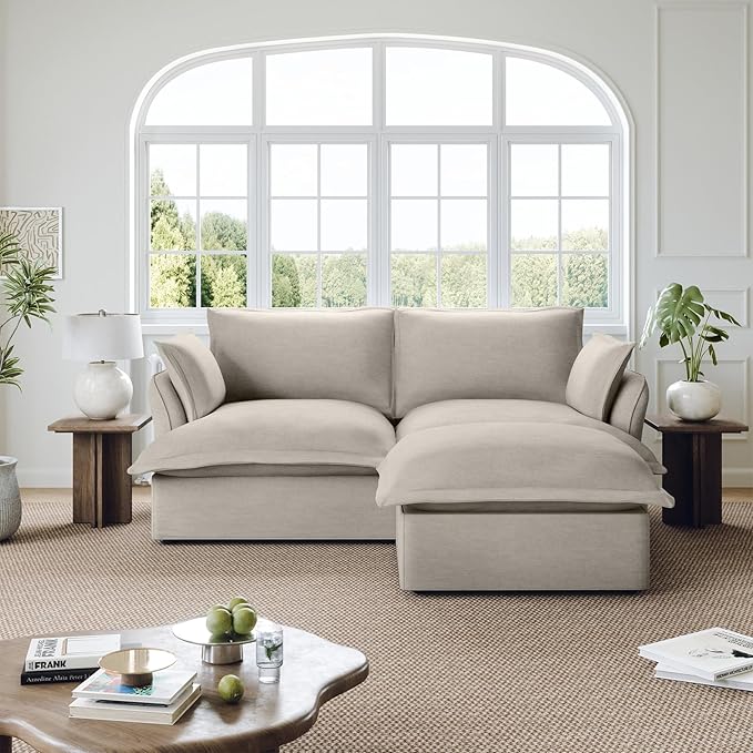 Lopzeho 82” Modular Sectional Sofa, Comfy Down Fill Cloud Couch with Movable Ottoman, L Shaped Modular Small Couch with Washable Cover, Sectional Couches for Living Room Small Apartments, Light Gray