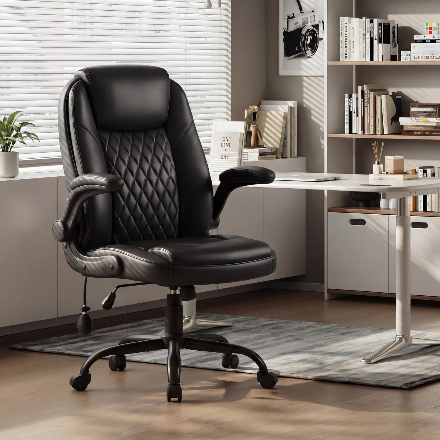 MALOL Leather Office Chair, Computer Desk Chair with Adjustable Lumbar Support, Thick Cushion, Flip-Up Arms and Ergonomic Back, Comfy Executive Office Chair for Home Office Gaming,Black