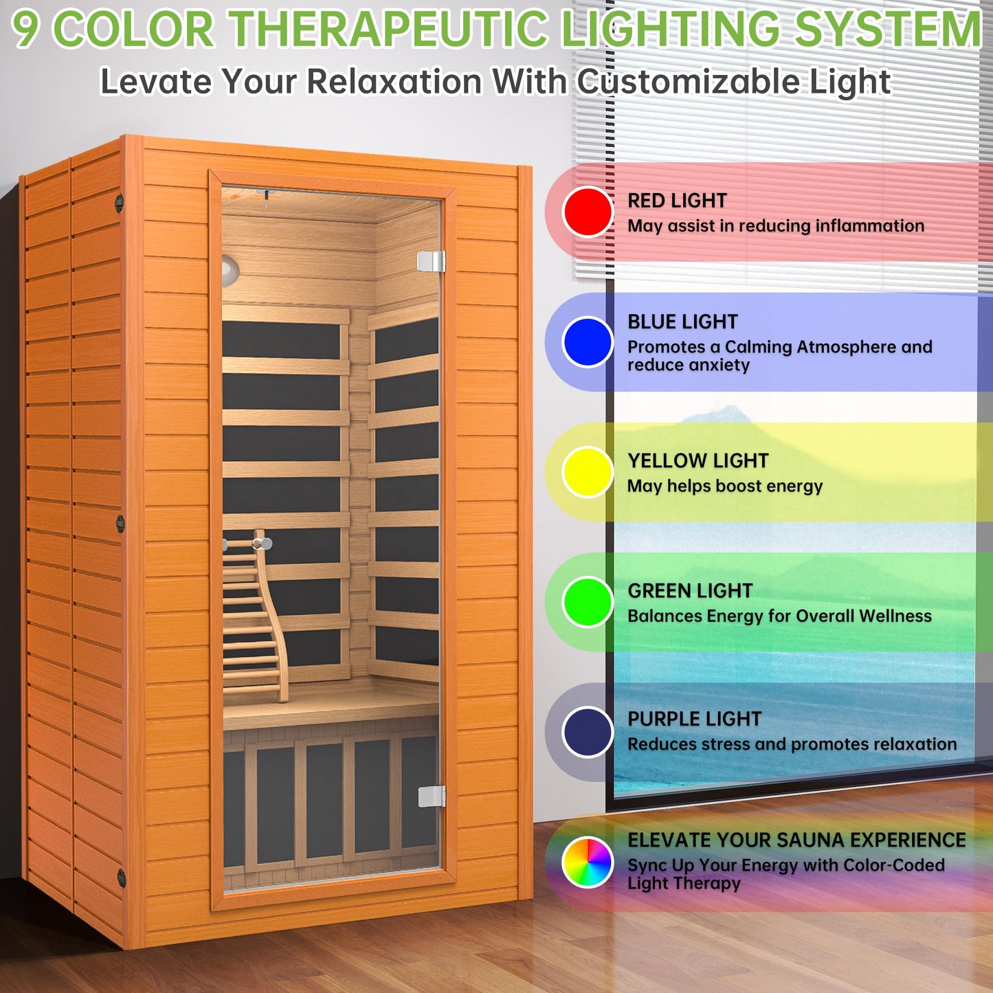Real Relax Infrared Sauna for Home, Home Infrared Saunas up to 1-2 Persons, Canadian Hemlock Wooden Indoor Dry Sauna Room with Low Emf Red Light Therapy, 9-Color Chromotherapy Lights