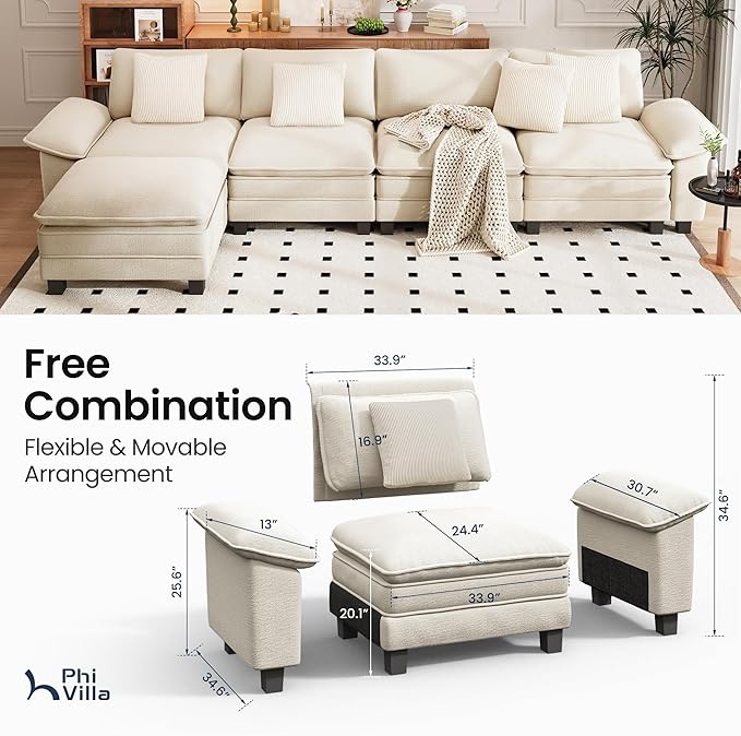 PHI VILLA Cloud Modular Couch Sets, 157.5" Sectional Sofa with L-Shaped Chaise, 5-Seater Upholstered Couches with Movable Ottoman for Living Room, Chenille Fabric, Beige