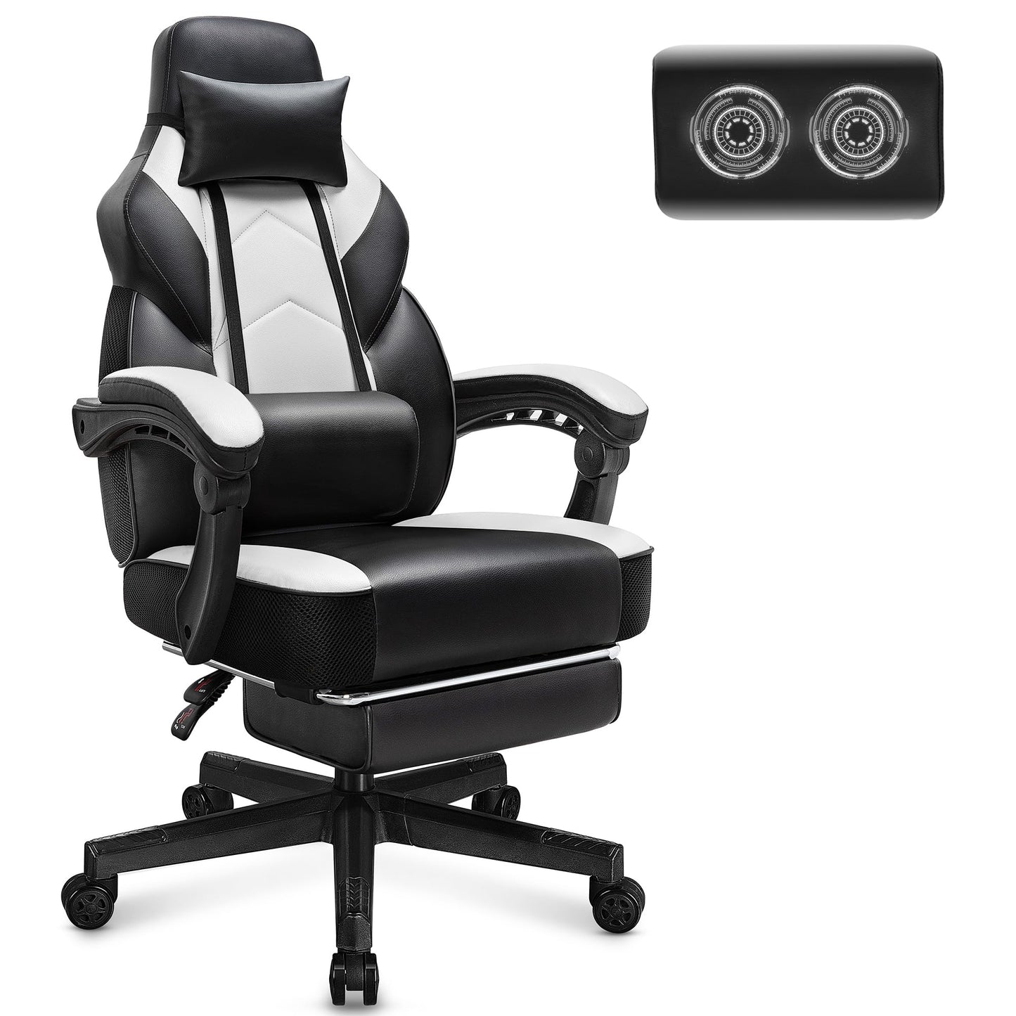 Meilocar Gaming Chair for Adult, Video Game Chair Computer Chairs with Footrest Big and Tall Gaming Chair with Massage Lumbar Support Height Adjustable and 360° Swivel Seat White