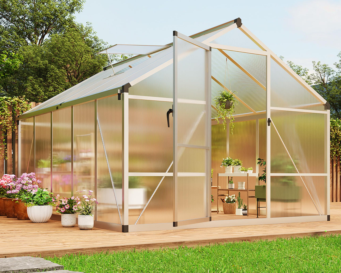 GarveeTech 8x10 ft Polycarbonate Greenhouse for Outdoors, Aluminum Frame Garden Green House with Lockable Door and Adjustable Roof Vent, Ideal for Backyard Patio and Vegetable or Flower Growing
