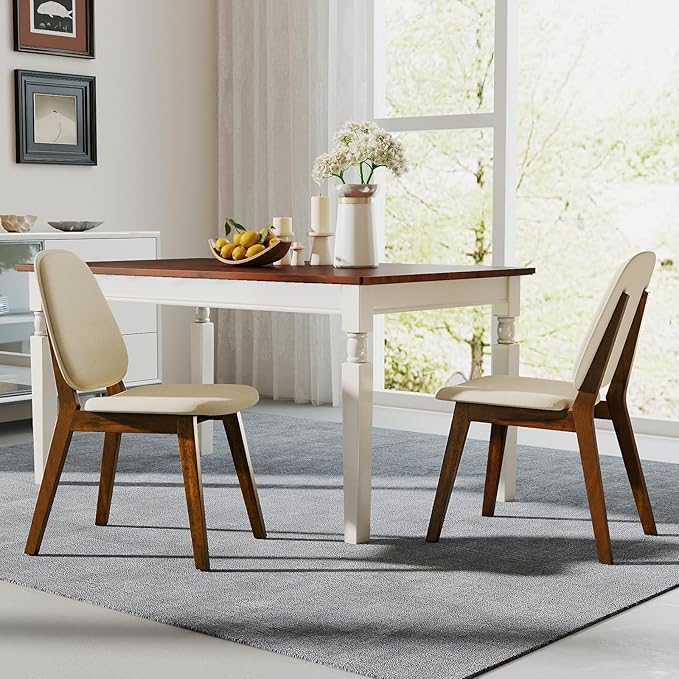 Giantex Wooden Dining Chairs Set of 2, Linen Fabric Upholstered Dining Room Chairs w/Rubber Wood Frame, Padded Seat, Curved Back, Mid-Century Modern Kitchen Side Chair for Home Living Room