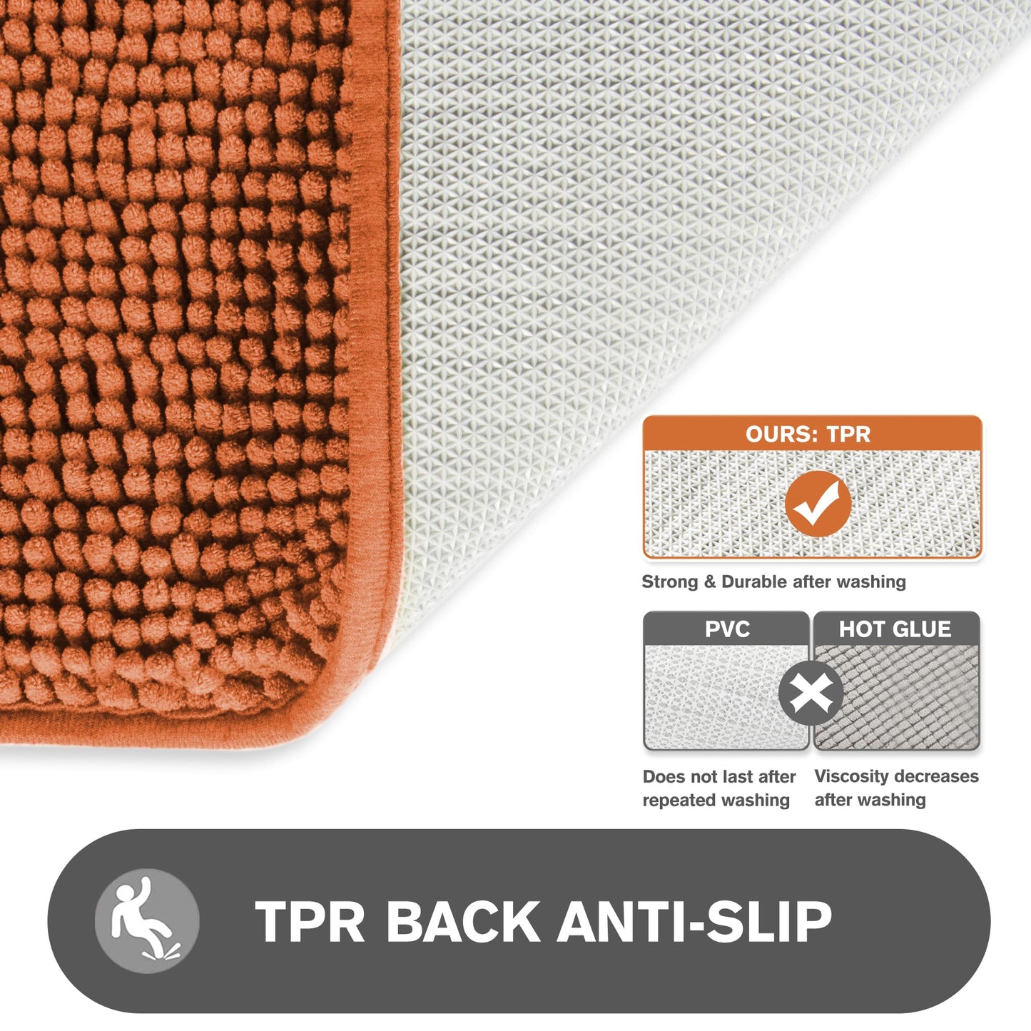 PureSwan Burnt Orange Bathroom Rugs – Absorbent and Washable Bath Mat, Non-Slip, Thick Soft Chenille Bath Rugs for Bathroom Floor, Shower, Sink - 17" x 24"