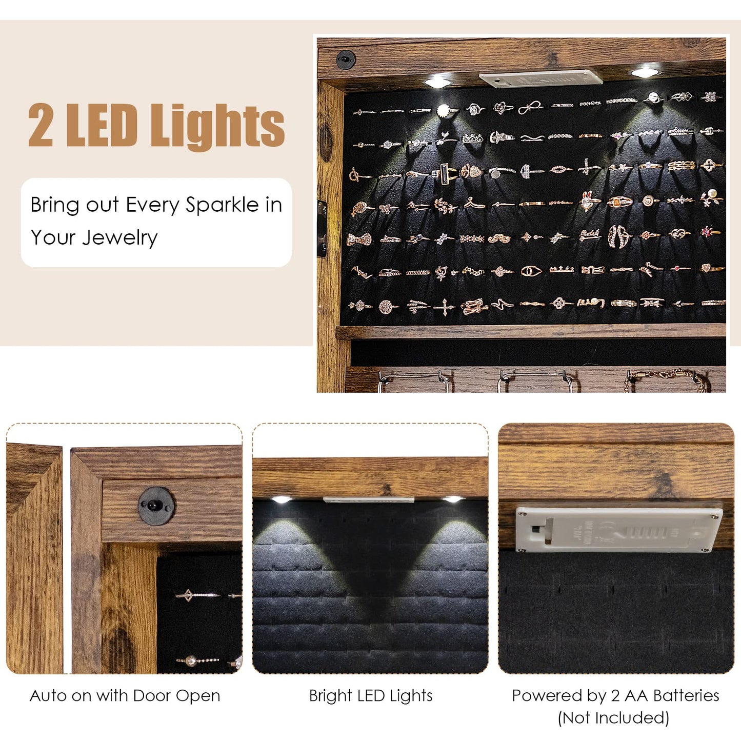 MAT EXPERT Jewelry Armoire, Wall Door Mounted Hanging Jewelry Organizer w/Full-length Mirror, 2 LED Lights and 2 Drawers, Lockable Large Storage Mirror Jewelry Cabinet for Bedroom (Brown)