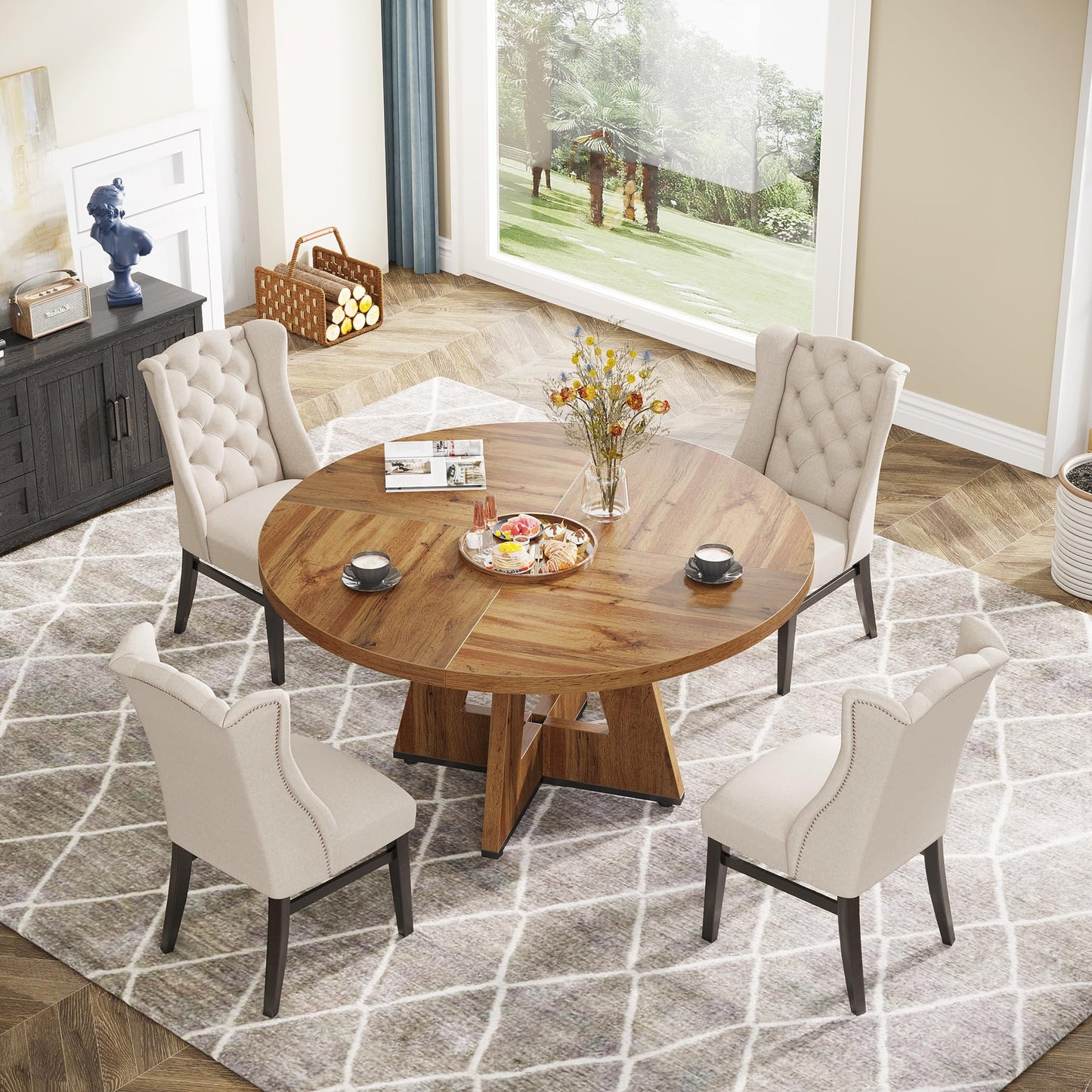 Tribesigns Round Dining Table for 4-6 People 47 Inch Wood Dining Table with Pedestal Base Walnut (Wood)