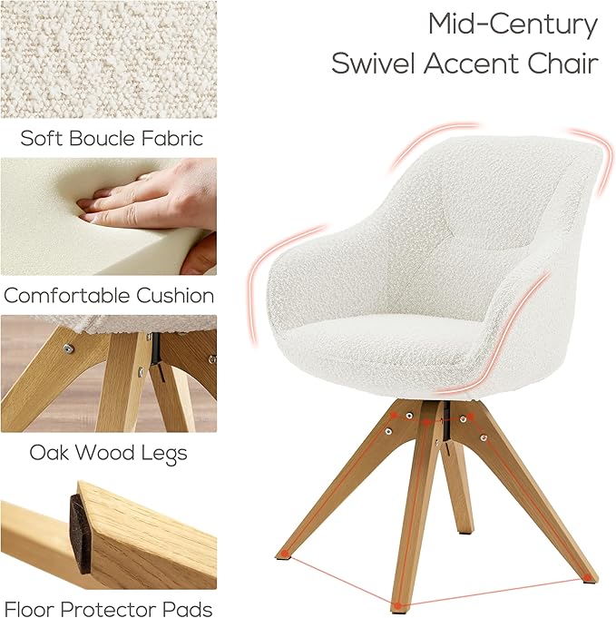 Art Leon Dining Chair - Mid Century Modern Boucle Fabric Swivel Dining Room Chair with Natural Oak Wood Legs, Leisure Side Chair with Arms for Living Room, White