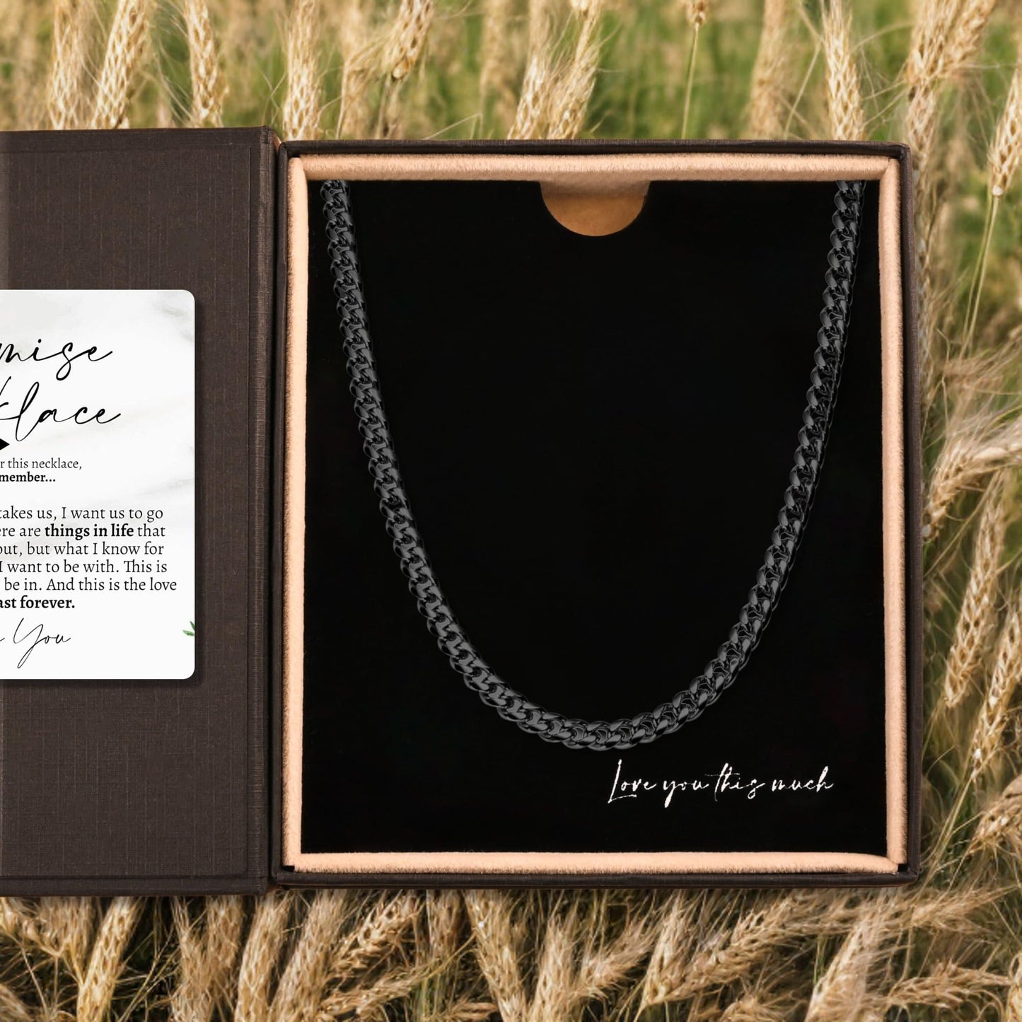 Love You This Much Promise Cuban Chain Necklace for Him, 7mm Thick, Sentimental Gift for Him, BF Gift for Birthday, Present Ideas for Boyfriend (Titan Black Finish)