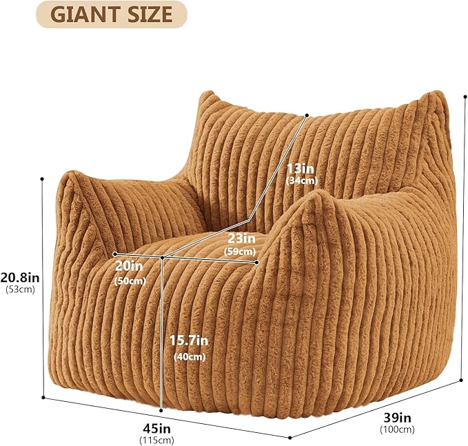 Achicsofar Giant Bean Bag Chairs for Adults Teens, Large Bean Bag Sofa Chairs with Filling Comfy Fuzzy BeanBag Chair with Armrests for Bedroom Living Room Reading (Brown, Large)