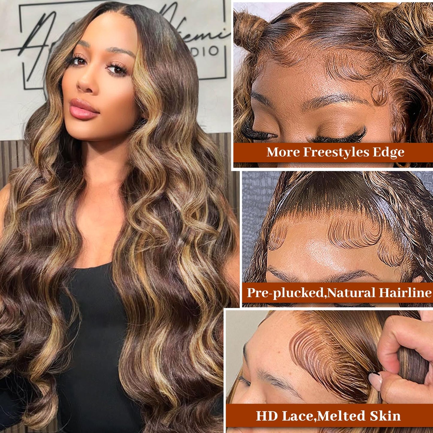 Hepnok 32 Inch Ombre Lace Front Wig Human Hair Body Wave 13x6 HD Lace Front Wigs Human Hair 200 Density Highlight Honey Blonde W
