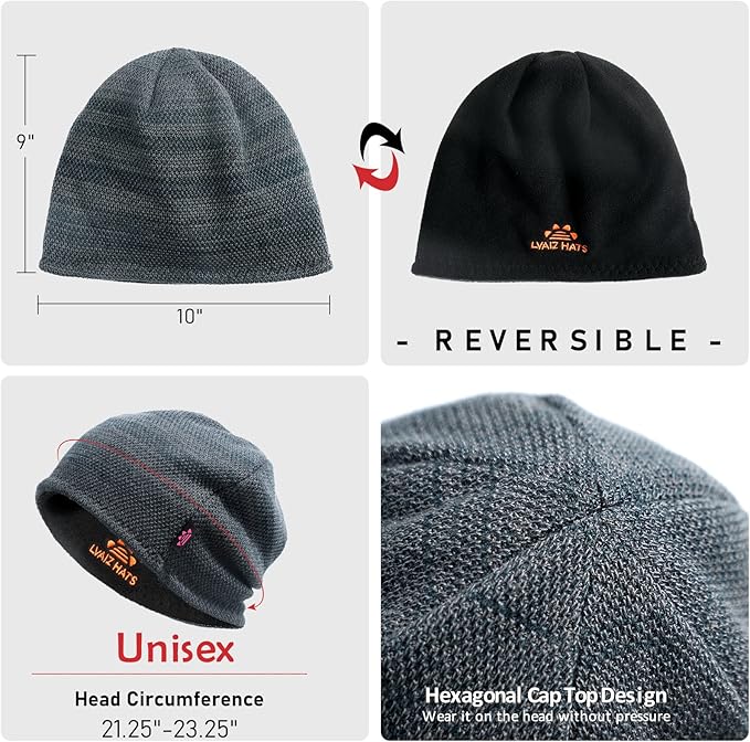 Lvaiz Mens Winter Beanie Hat Warm Fleece Lined Skull Cap for Men Reversible Women Windproof Watch Hat Knit Warm Unisex Beanie