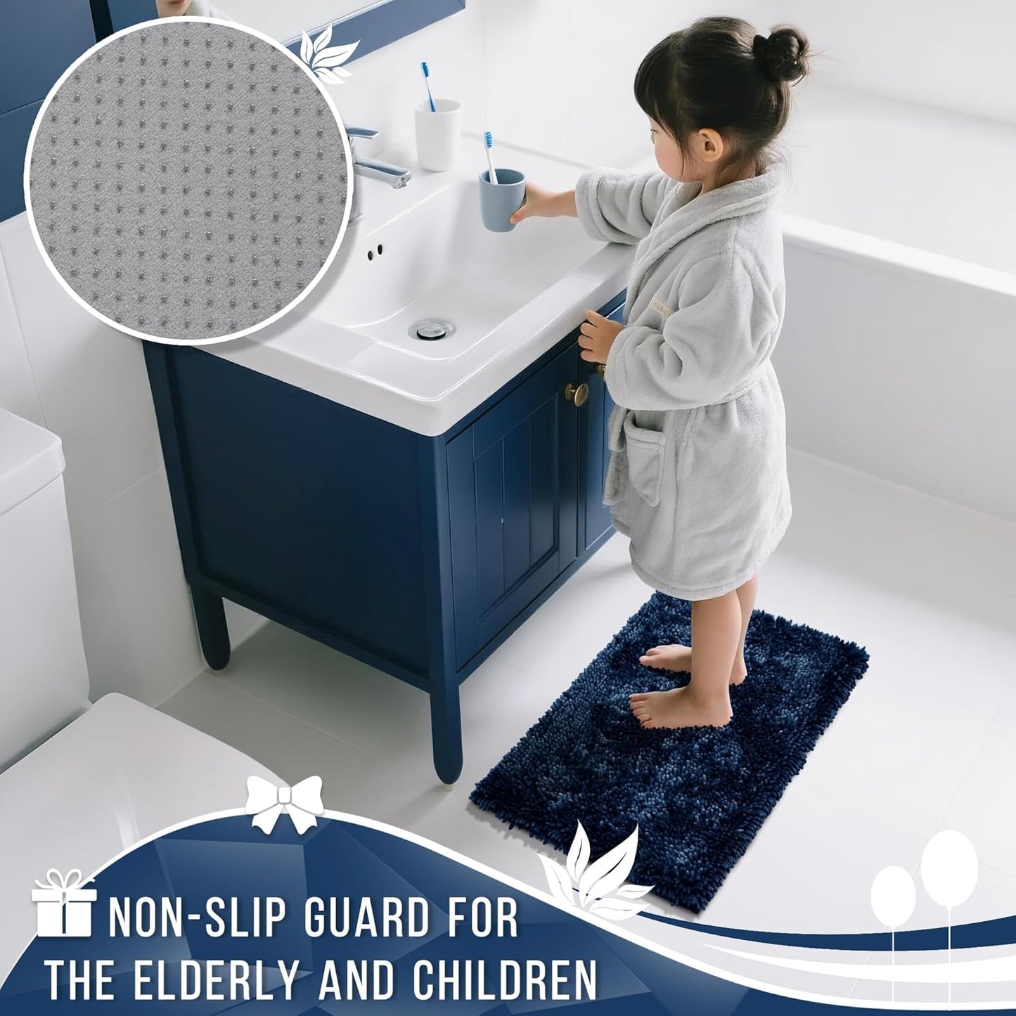 Yimobra Chenille Bathroom Rugs Non Slip, Extra Thick Soft Absorbent Bath Rug 31.5x20 Inch, Machine Washable Quick Dry Bath Mat for Bathroom Floor, Tub and Shower, Home Decor Accessories, Navy Blue