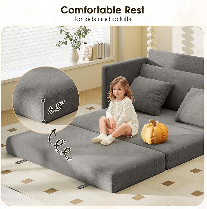Myroyalsit 65" Convertible Loveseat Sofa Bed, 2-in-1 Folding Sofa Bed with 2 Pillow for Small Spaces, Modern Loveseat Sleeper Couch for Apartment, Living Room & Guest Room (Grey Chenille, 65 inch)