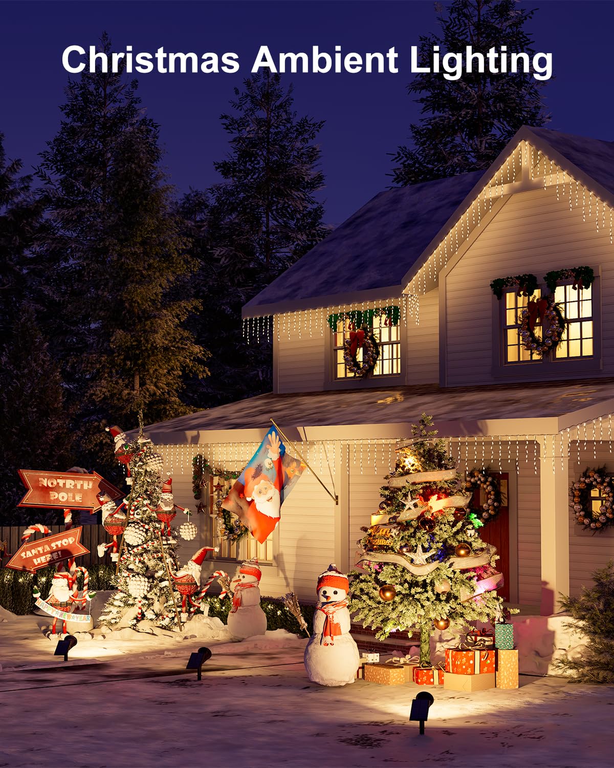 4 Pack Solar Powered Spotlights Waterproof Outdoor for Christmas Decorations, Tree, Santa Claus, Snowman, Christmas Ambient Outdside Spot Landscape Lights for Wall, Garden, Yard, Sidewalk, Warm White