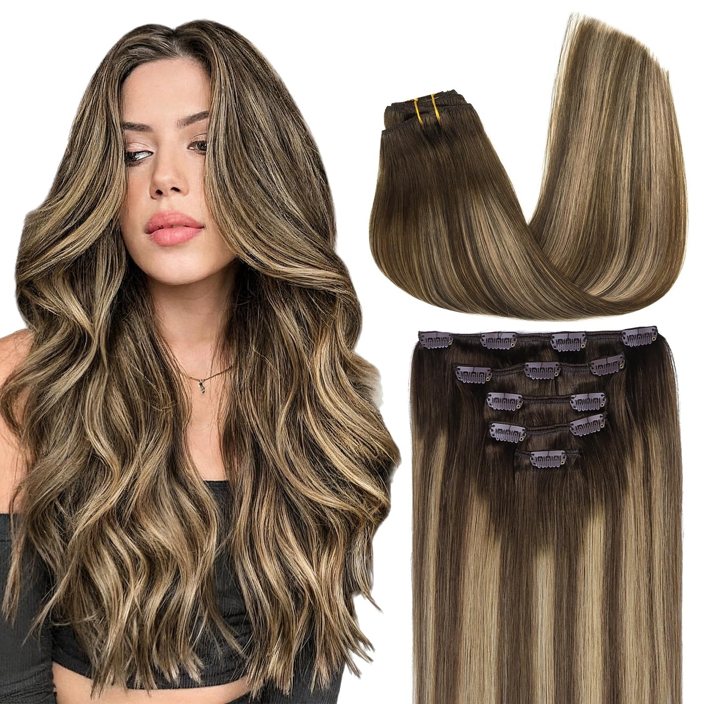 MAXITA Human Hair Extensions Clip in, 5pcs 85g Balayage Chocolate Brown to Caramel Blonde 22 Inch, Remy Clip in Hair Extensions