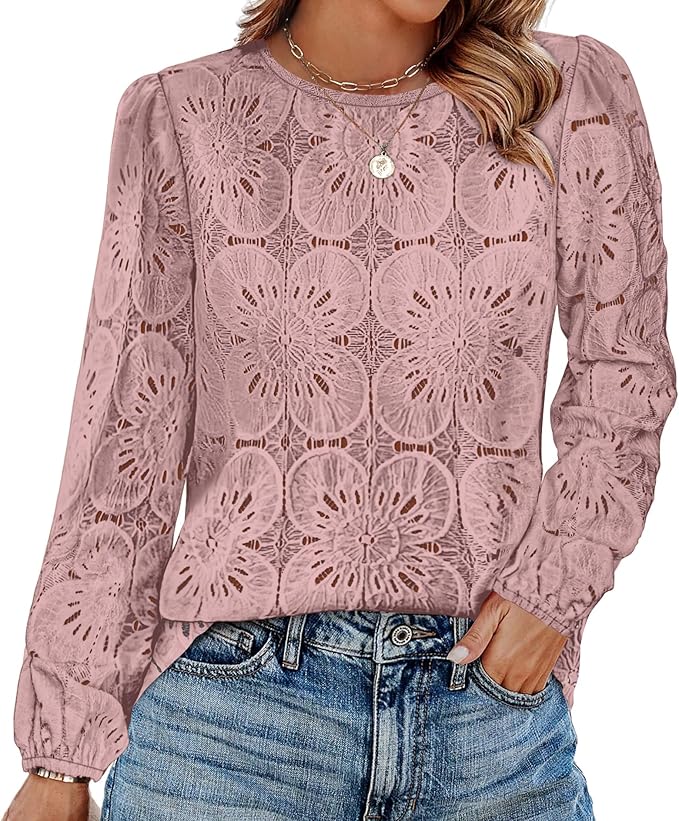OFEEFAN Blouses for Women Dressy Casual Spring Tops 2026 Summer Outfits Flower Lace Crochet Long Sleeve Shirts