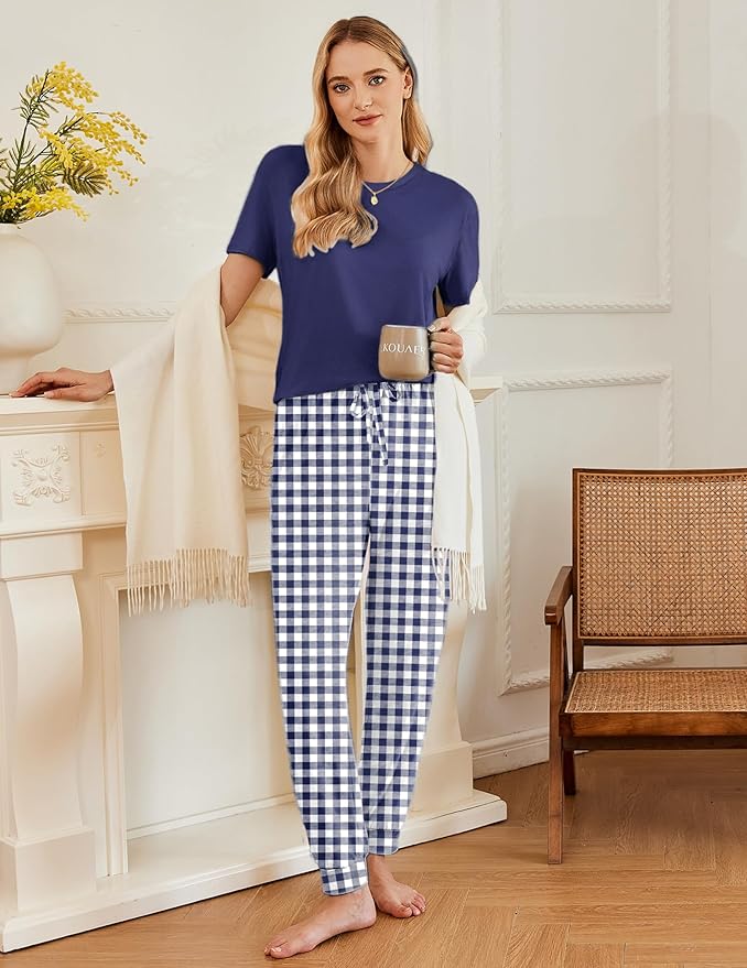 Ekouaer Pajamas for Women Set 2 Pack Lounge Set Short Sleeve Pjs Joggers Long Pants Loungepwear with Pockets