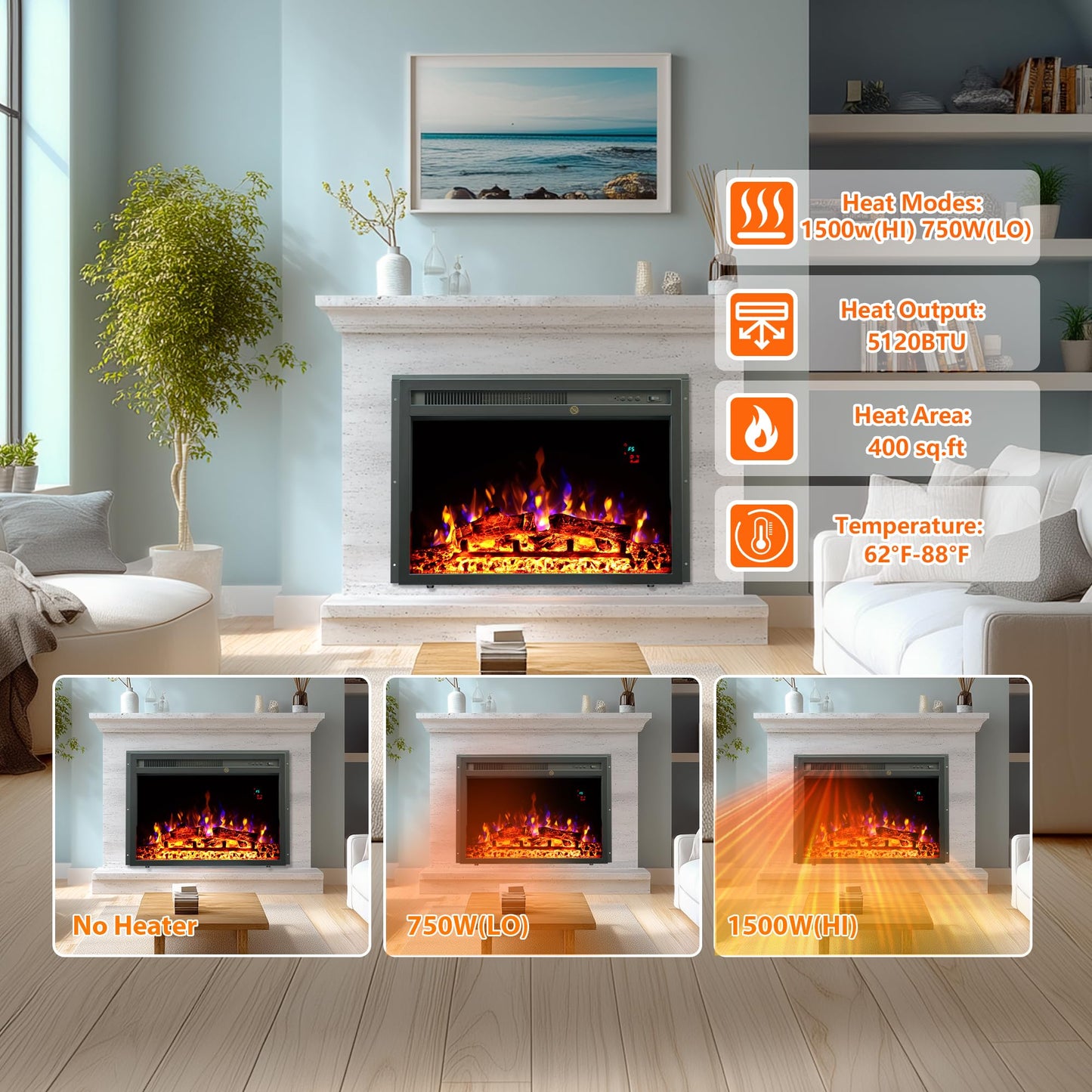23" Electric Fireplaces Inserts, Recessed Fireplace Heater with Thermostat, 5 Flame&Fuel Bed Brightness,Timer