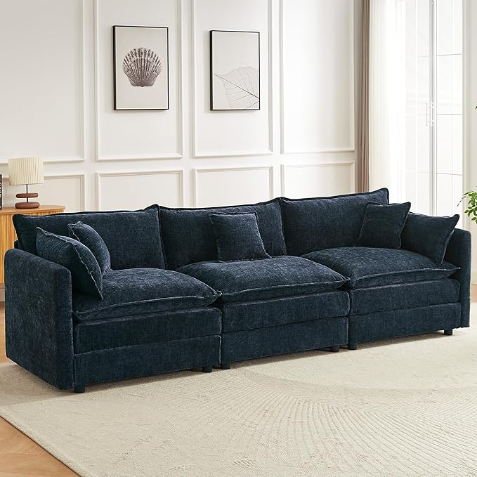 saows Modular Sectional Sofa, 112.2 Inch Rectangle Shaped Couch Set with Armrests, 3-Seater Comfy Cloud Couches for Living Room Apartment, Blue