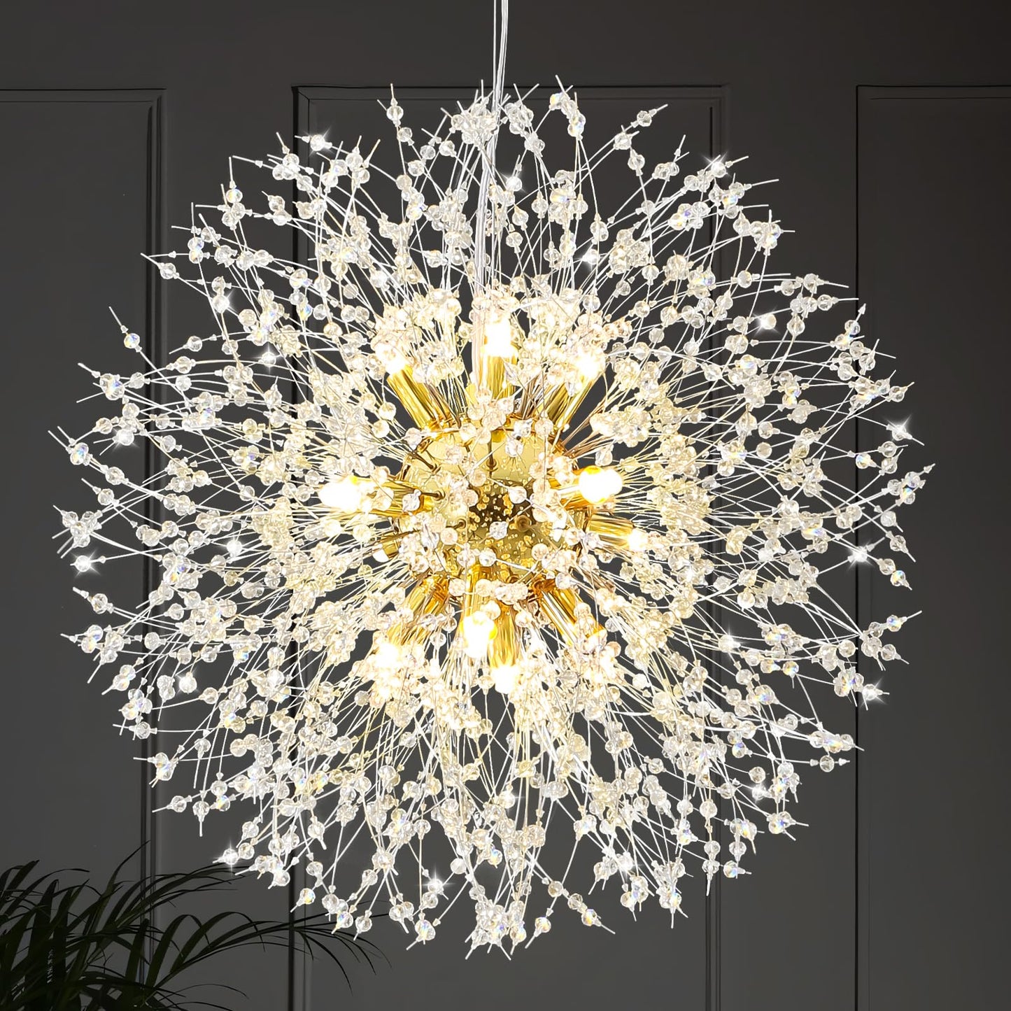 Qamra Modern Crystal Gold Chandeliers, Firework Dandelion Sputnik Chandelier Light Fixture Pendant Lighting for Dining Room, Bedroom, Kitchen, Living Room(12-Light, Gold)