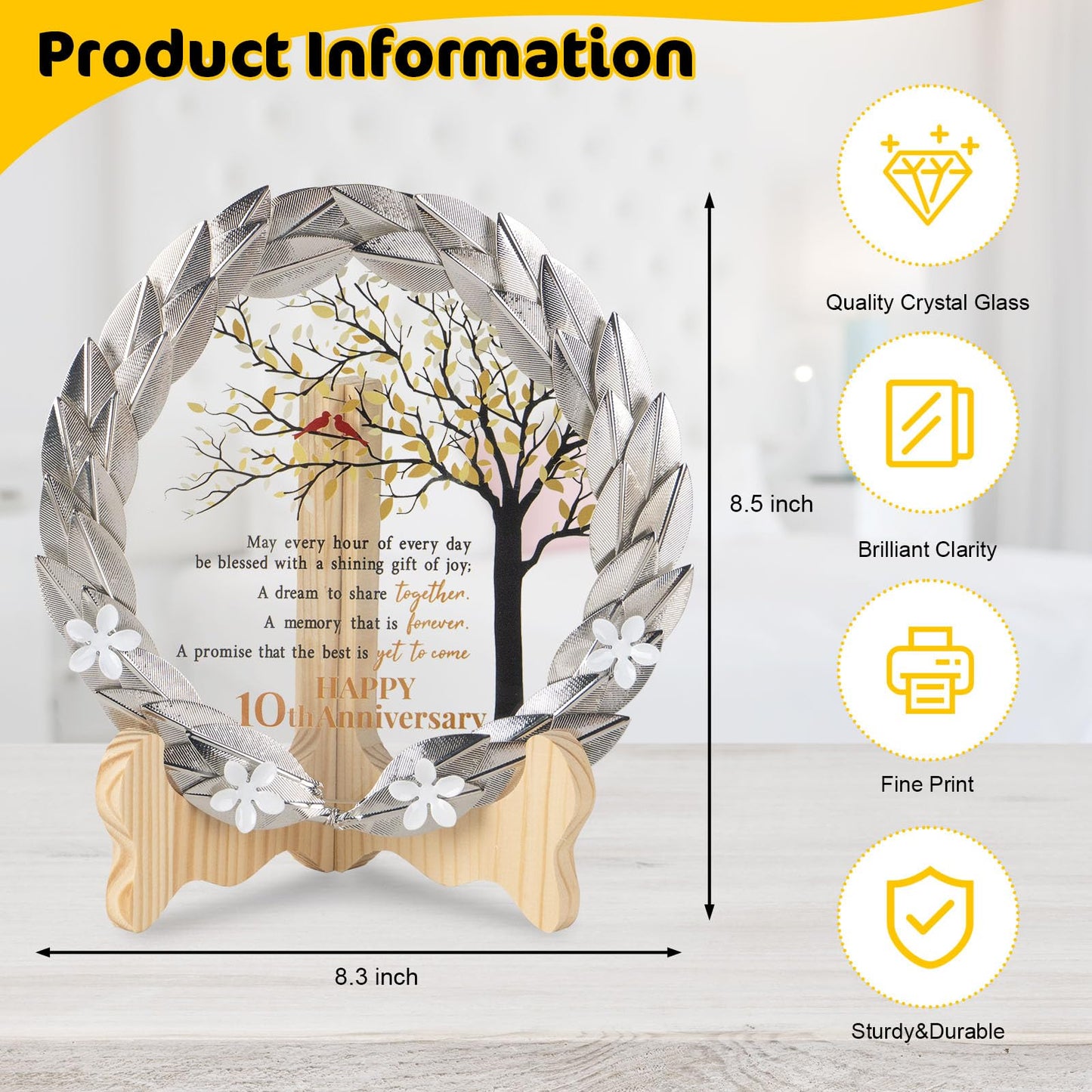 10th Anniversary Wedding Gifts Crystal Plate with Tin Leaf Wreath - 10 Years Anniversary Wedding Unique Gifts Ideas for Parents Couple - Cardinal Style