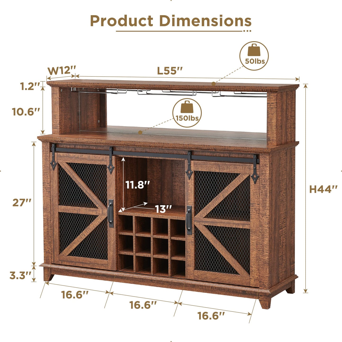OKD Farmhouse Coffee Bar Cabinet with LED Lights, 55" Wine Bar w/Sliding Barn Door & Wine and Glass Rack, Kitchen Buffet Cabinet w/Storage Shelves for Dining Room,Reclaimed Barnwood