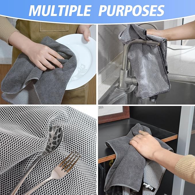 KinHwa Kitchen Washcloths for Dishes Absorbent Microfiber Dish Cloths Quick Dry Dish Rags with Poly Scour Scrub Side Ideal for Kitchen Cleaning (Gray, 15inchx25inch 6pack)